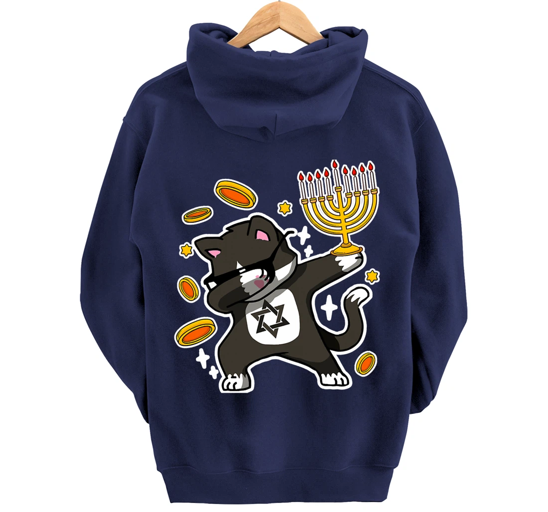 Happy Hanukkah Dabbing Tuxedo Cat Xmas Ugly Funny Pajamas Pullover Hoodie
