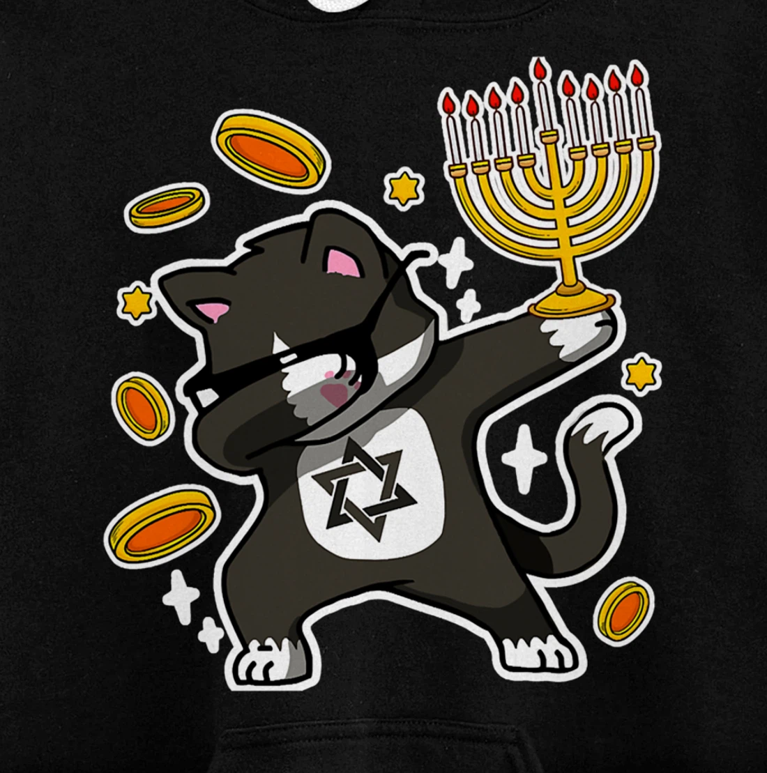 Happy Hanukkah Dabbing Tuxedo Cat Xmas Ugly Funny Pajamas Pullover Hoodie