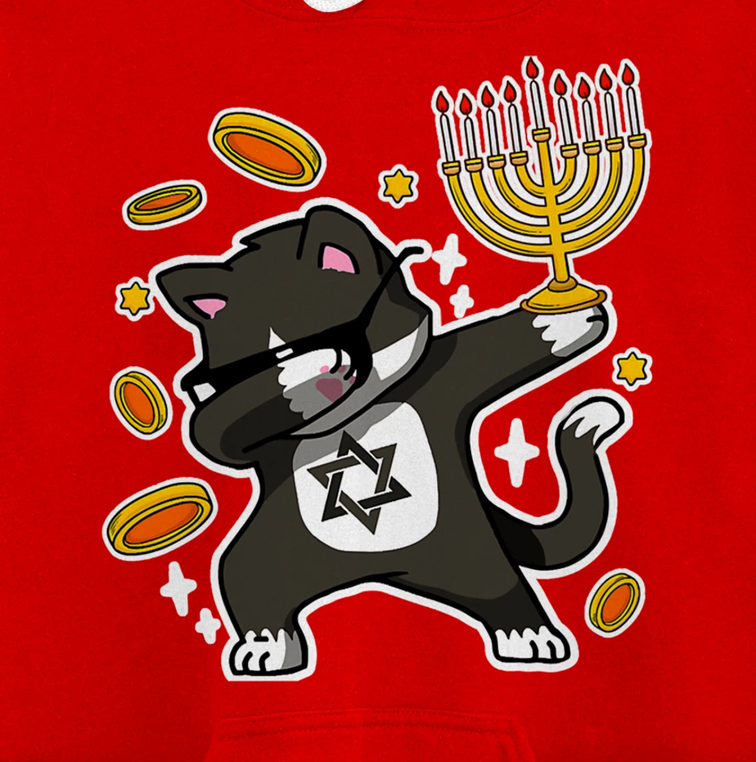 Happy Hanukkah Dabbing Tuxedo Cat Xmas Ugly Funny Pajamas Pullover Hoodie