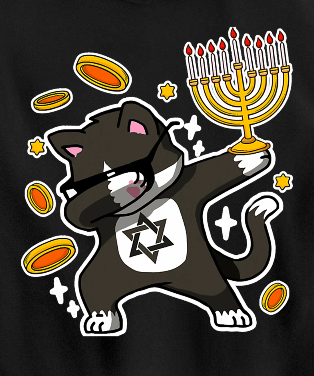 Happy Hanukkah Dabbing Tuxedo Cat Xmas Ugly Funny Pajamas Pullover Hoodie