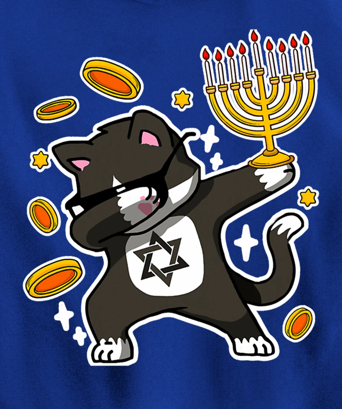 Happy Hanukkah Dabbing Tuxedo Cat Xmas Ugly Funny Pajamas Pullover Hoodie