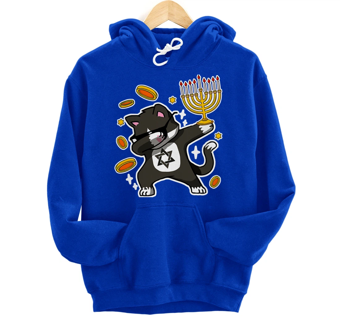 Happy Hanukkah Dabbing Tuxedo Cat Xmas Ugly Funny Pajamas Pullover Hoodie