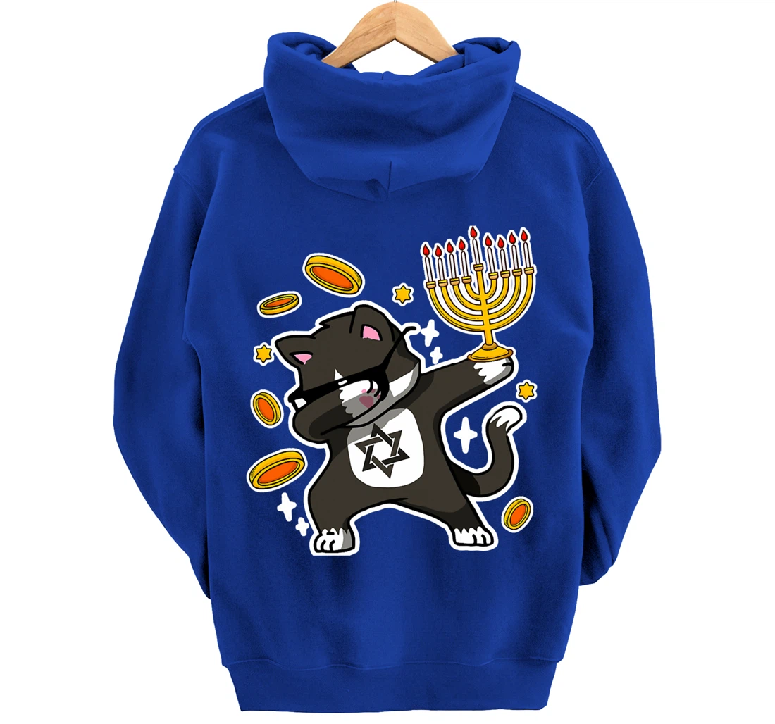 Happy Hanukkah Dabbing Tuxedo Cat Xmas Ugly Funny Pajamas Pullover Hoodie