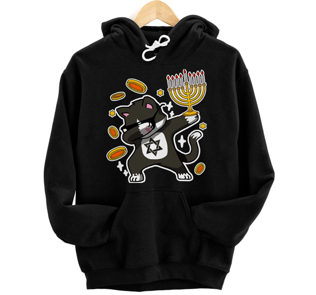 Happy Hanukkah Dabbing Tuxedo Cat Xmas Ugly Funny Pajamas Pullover Hoodie