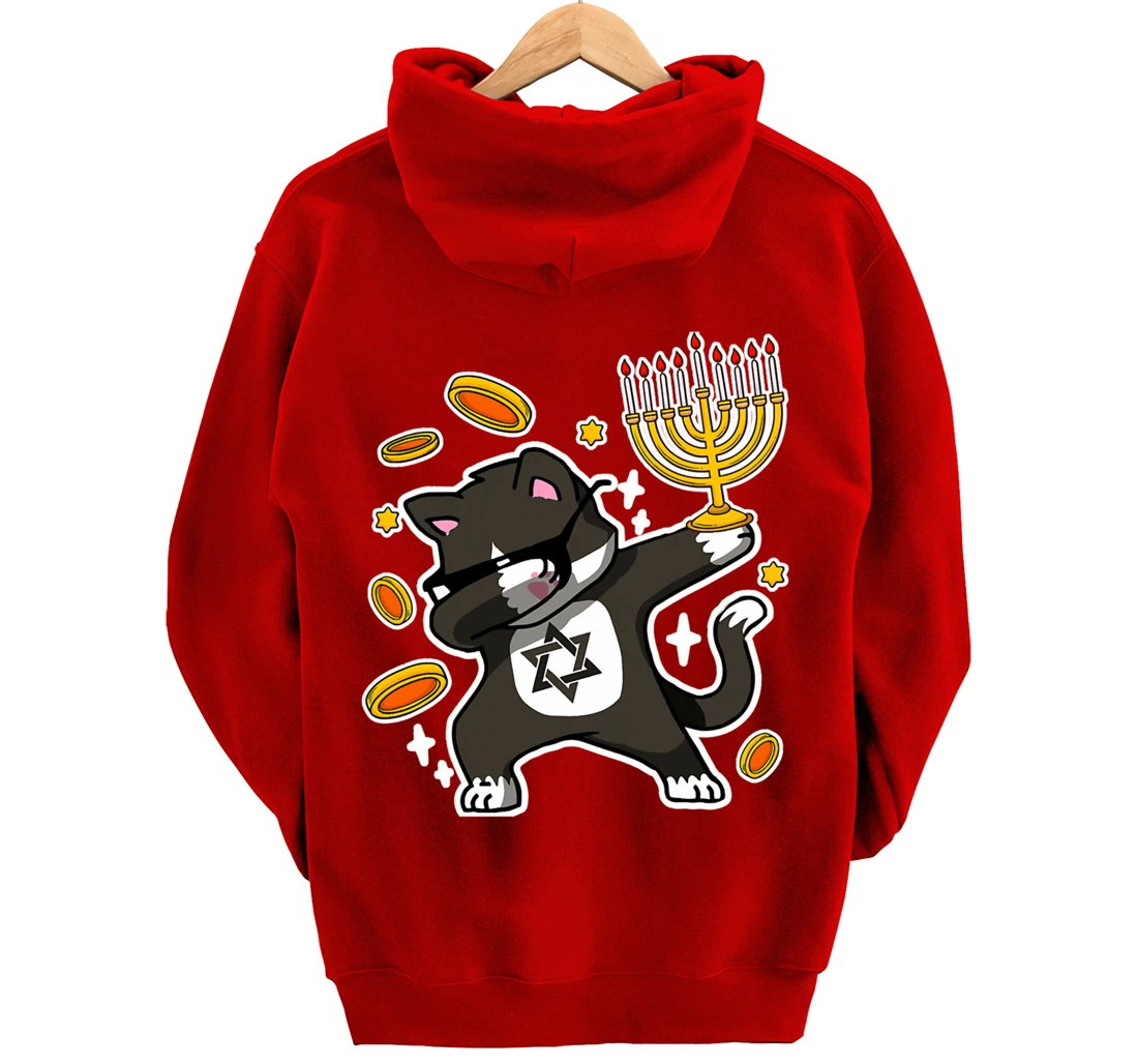 Happy Hanukkah Dabbing Tuxedo Cat Xmas Ugly Funny Pajamas Pullover Hoodie
