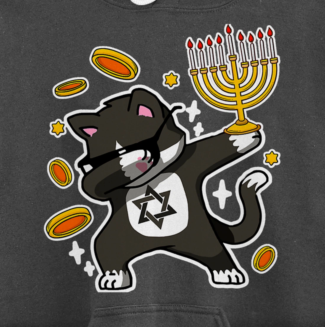 Happy Hanukkah Dabbing Tuxedo Cat Xmas Ugly Funny Pajamas Pullover Hoodie