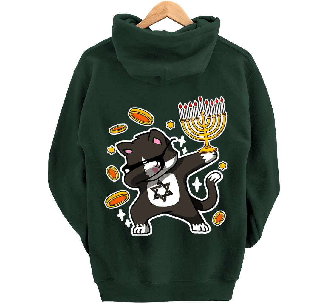 Happy Hanukkah Dabbing Tuxedo Cat Xmas Ugly Funny Pajamas Pullover Hoodie