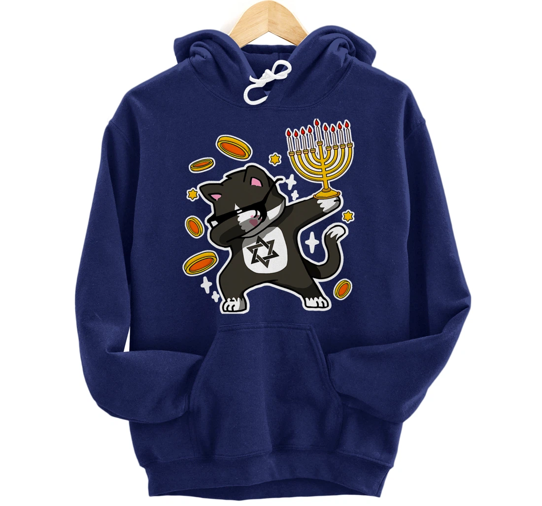Happy Hanukkah Dabbing Tuxedo Cat Xmas Ugly Funny Pajamas Pullover Hoodie