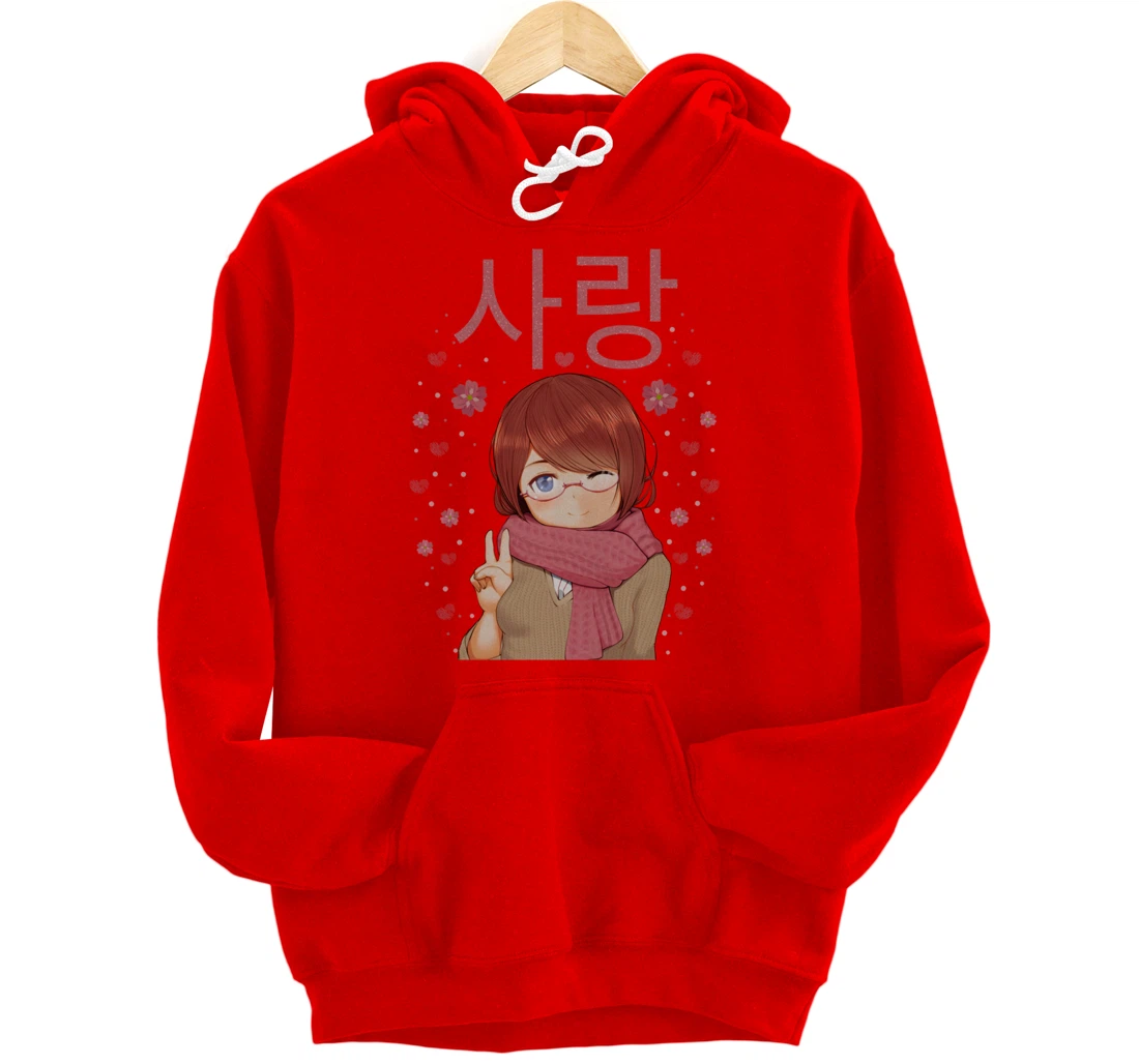 Anime Girl, with Love in Korean Hangul - Kawaii Pullover Hoodie