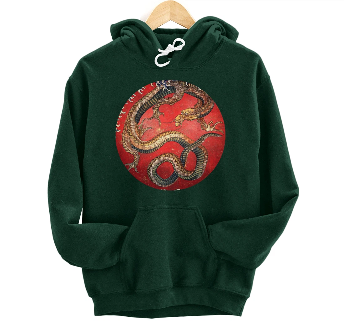 Hokusai Red Retro Dragon Japanese Graphic Design Vintage Pullover Hoodie