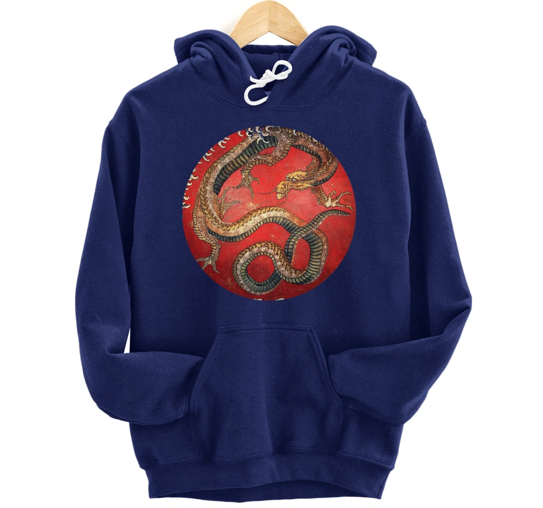 Hokusai Red Retro Dragon Japanese Graphic Design Vintage Pullover Hoodie