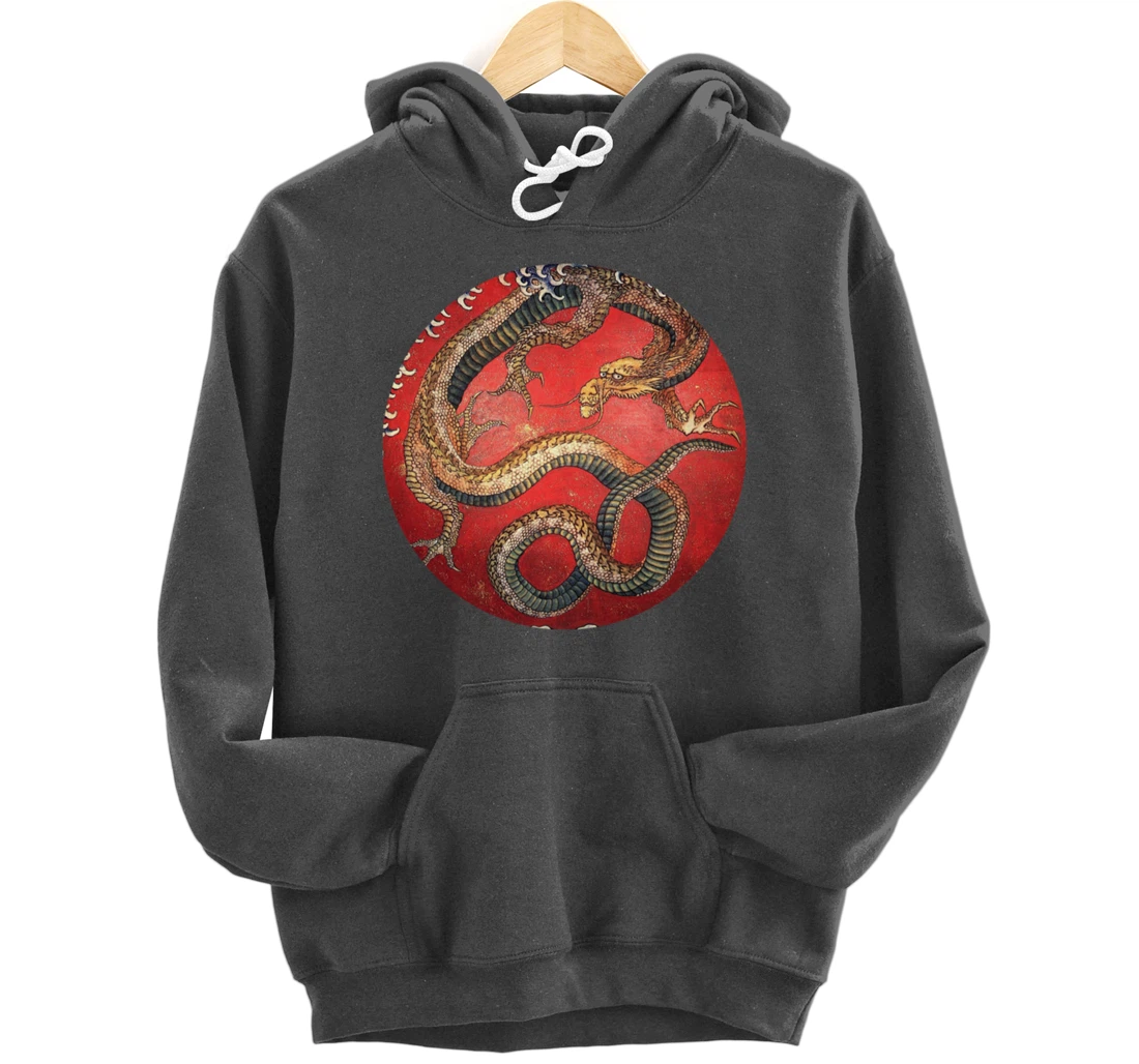 Hokusai Red Retro Dragon Japanese Graphic Design Vintage Pullover Hoodie