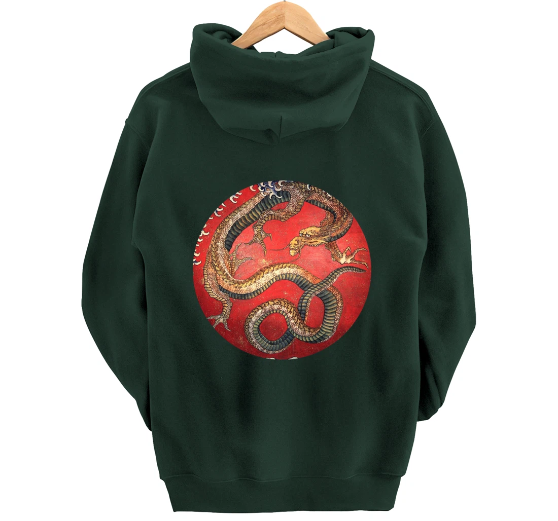 Hokusai Red Retro Dragon Japanese Graphic Design Vintage Pullover Hoodie