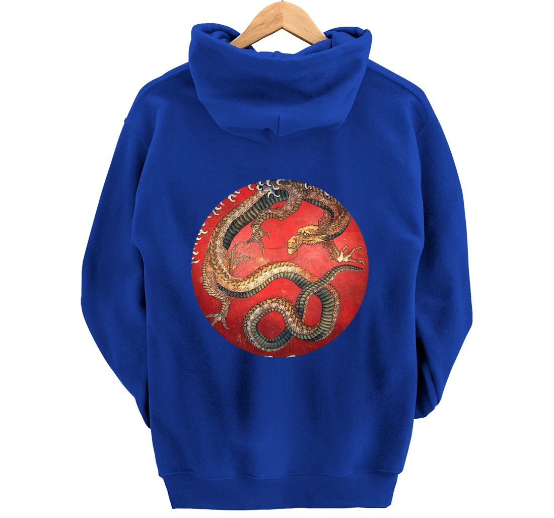 Hokusai Red Retro Dragon Japanese Graphic Design Vintage Pullover Hoodie