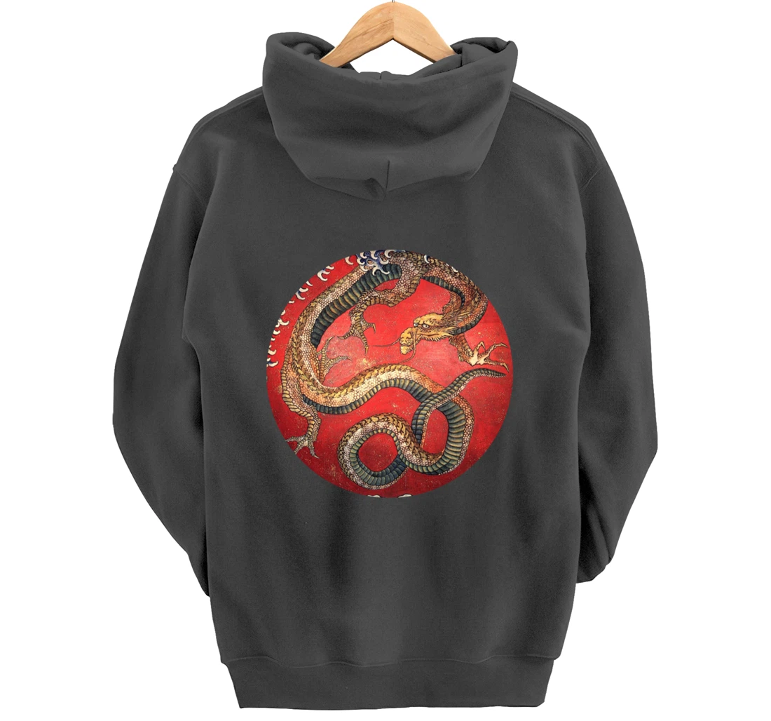 Hokusai Red Retro Dragon Japanese Graphic Design Vintage Pullover Hoodie