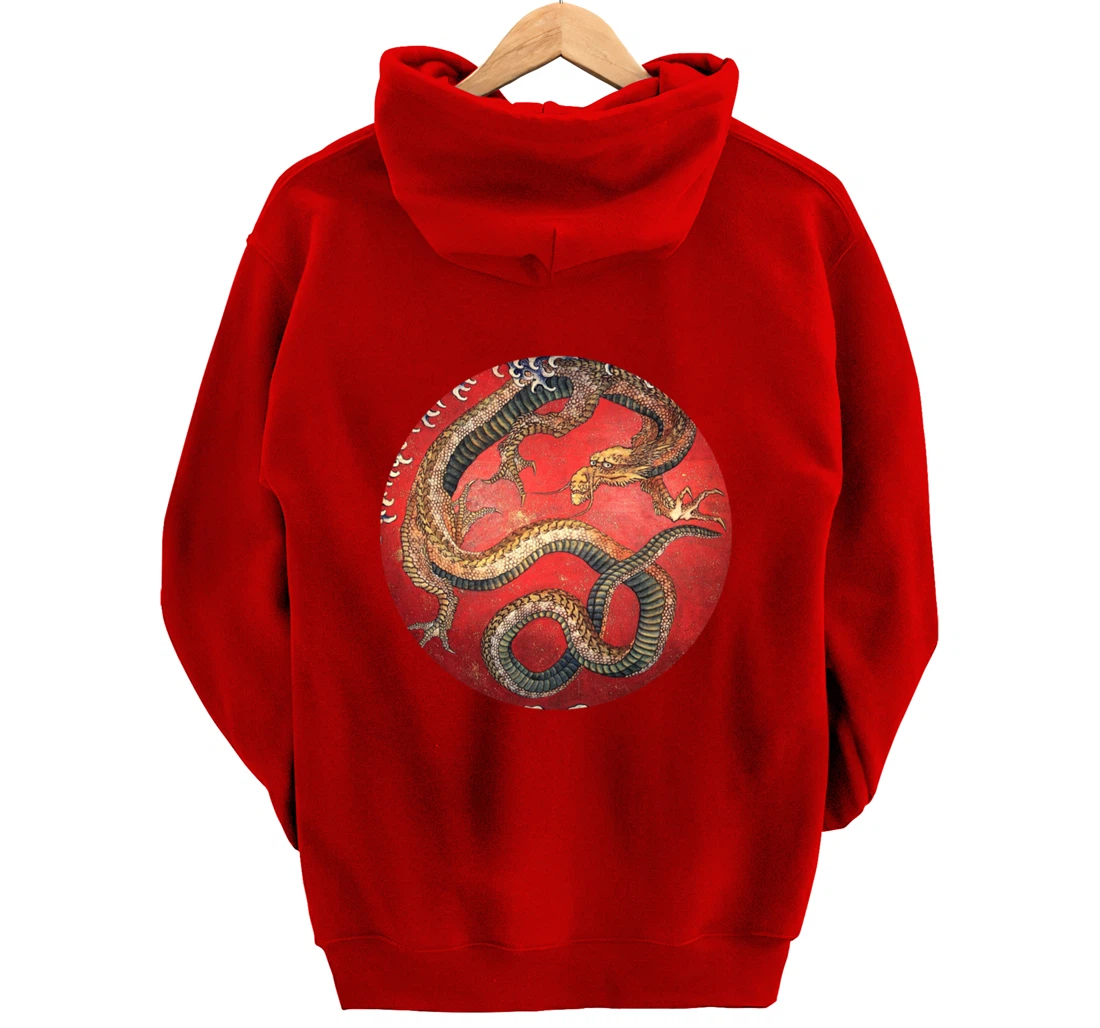 Hokusai Red Retro Dragon Japanese Graphic Design Vintage Pullover Hoodie