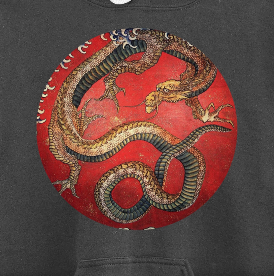 Hokusai Red Retro Dragon Japanese Graphic Design Vintage Pullover Hoodie