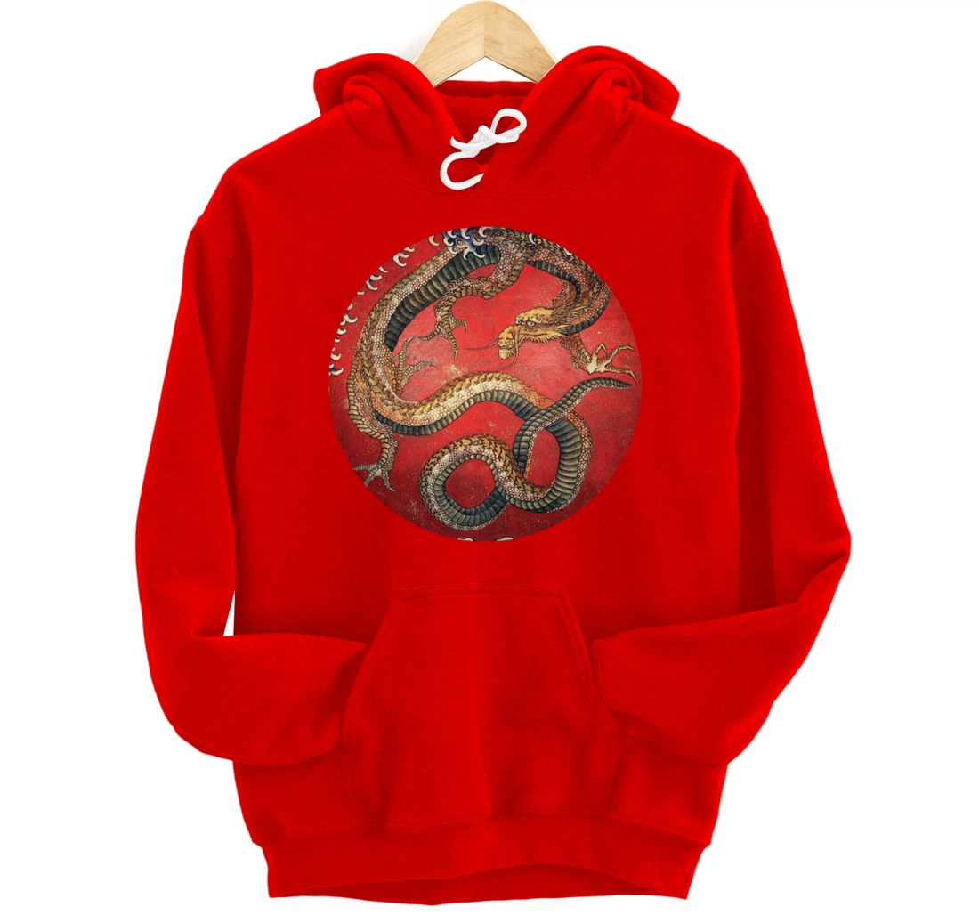 Hokusai Red Retro Dragon Japanese Graphic Design Vintage Pullover Hoodie