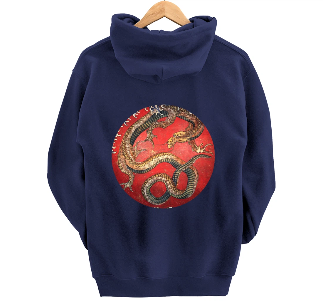 Hokusai Red Retro Dragon Japanese Graphic Design Vintage Pullover Hoodie