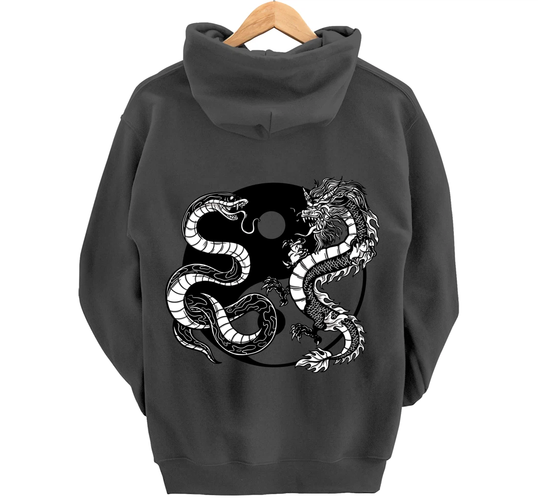 Cool Yin Yang Snake Fighting Dragon Backside Pullover Hoodie