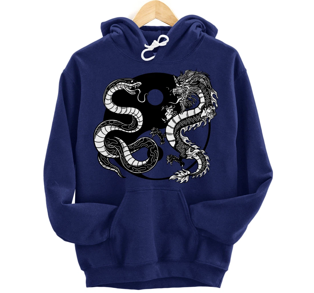 Cool Yin Yang Snake Fighting Dragon Backside Pullover Hoodie