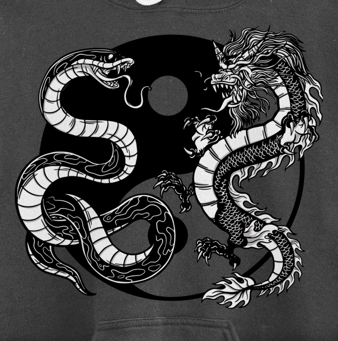 Cool Yin Yang Snake Fighting Dragon Backside Pullover Hoodie