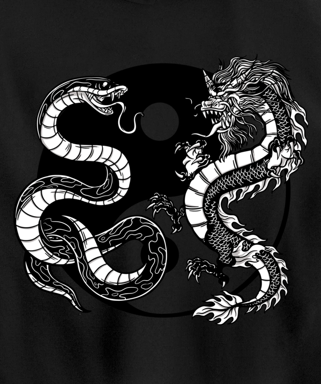Cool Yin Yang Snake Fighting Dragon Backside Pullover Hoodie