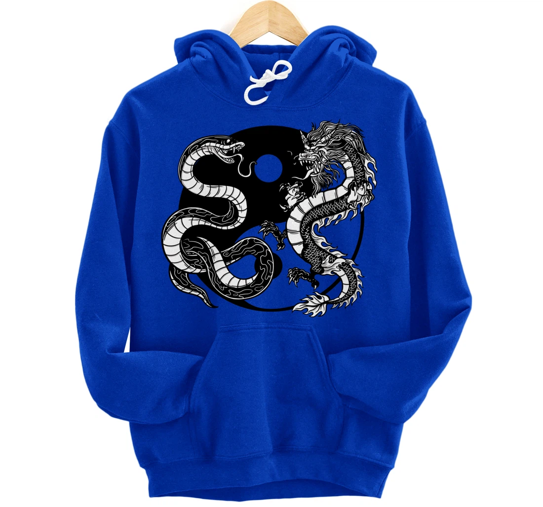 Cool Yin Yang Snake Fighting Dragon Backside Pullover Hoodie