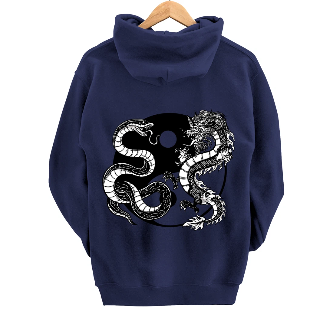 Cool Yin Yang Snake Fighting Dragon Backside Pullover Hoodie