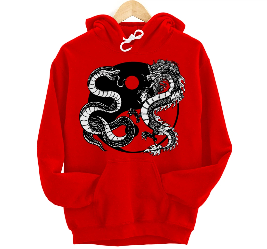 Cool Yin Yang Snake Fighting Dragon Backside Pullover Hoodie