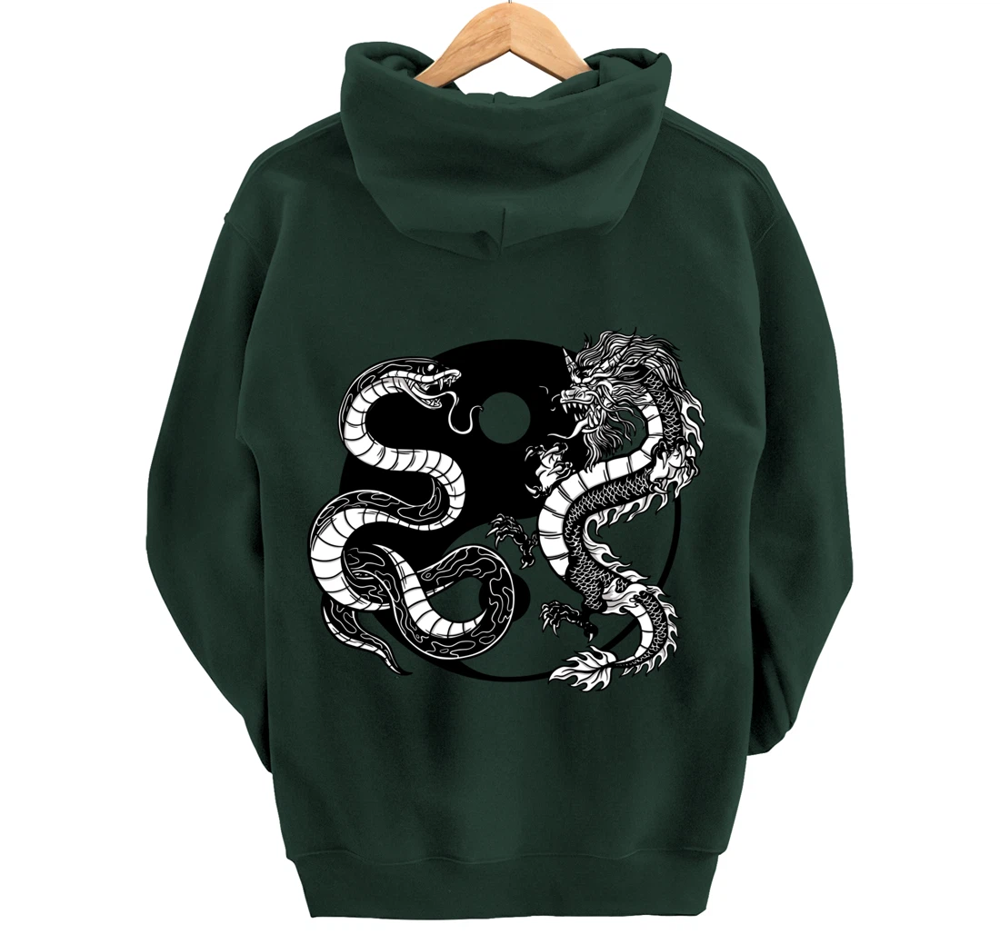 Cool Yin Yang Snake Fighting Dragon Backside Pullover Hoodie