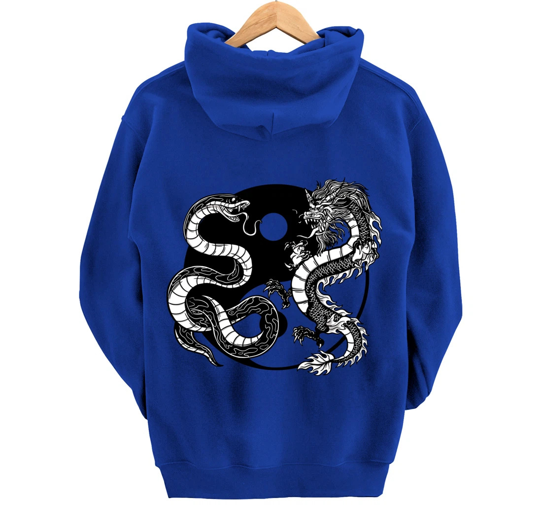 Cool Yin Yang Snake Fighting Dragon Backside Pullover Hoodie