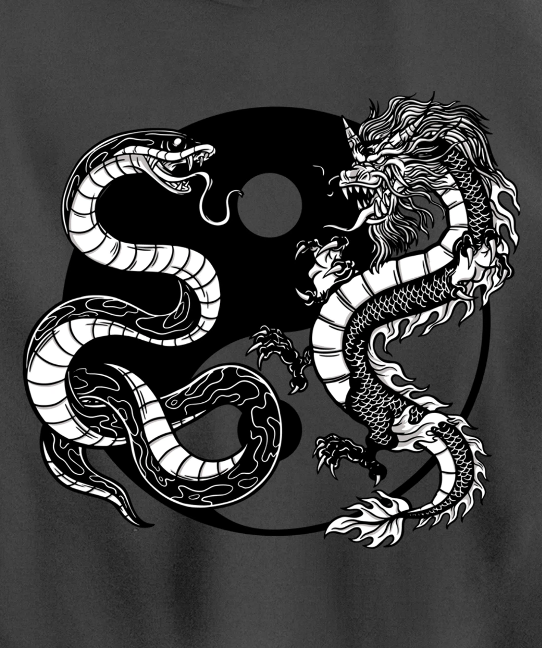 Cool Yin Yang Snake Fighting Dragon Backside Pullover Hoodie
