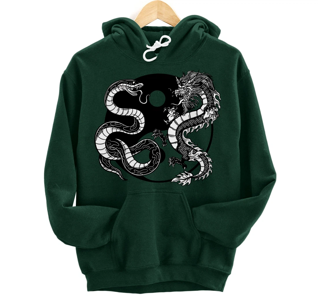 Cool Yin Yang Snake Fighting Dragon Backside Pullover Hoodie
