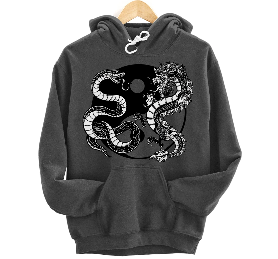 Cool Yin Yang Snake Fighting Dragon Backside Pullover Hoodie