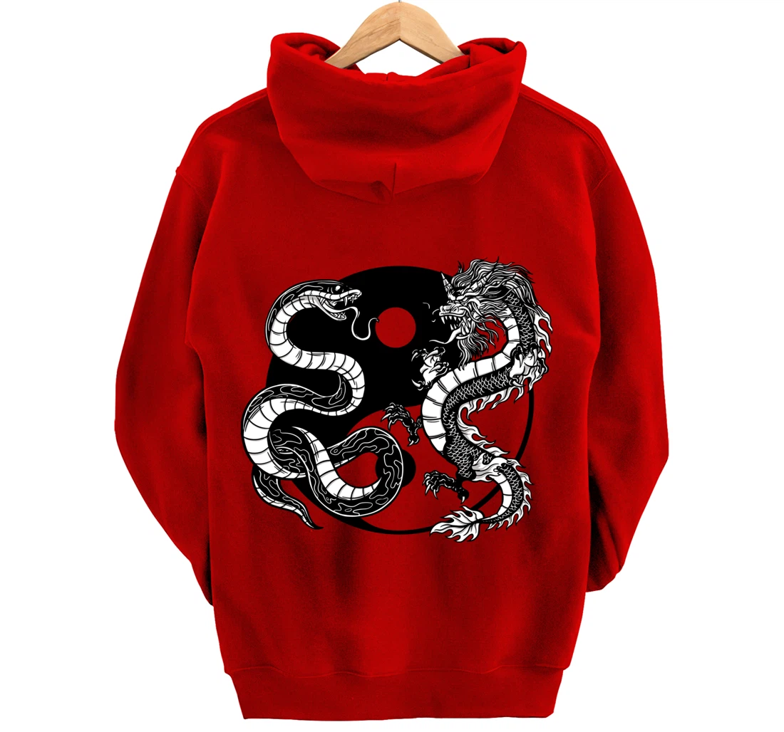 Cool Yin Yang Snake Fighting Dragon Backside Pullover Hoodie