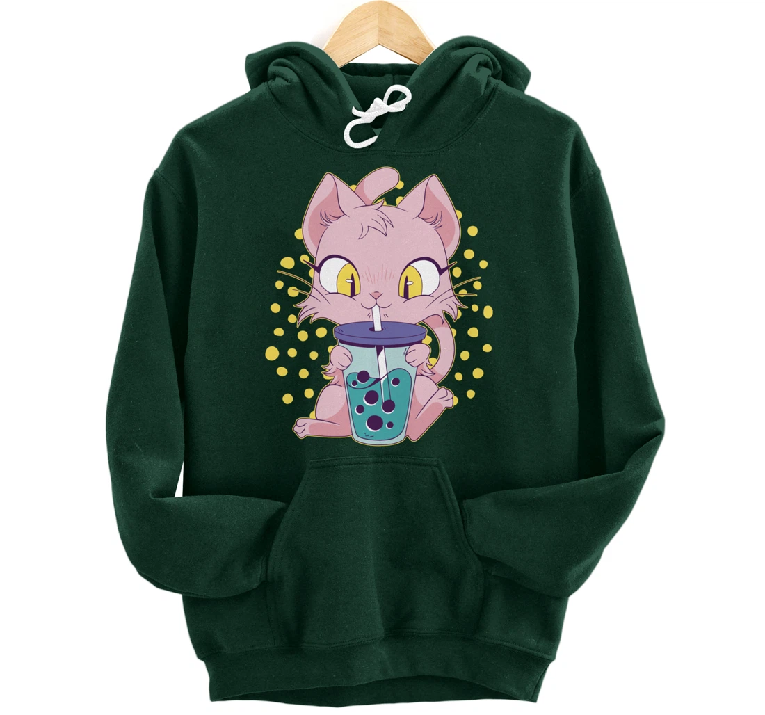 Kawaii Cute Anime Cat Drinking Boba Tea Japanese Bubble Tea Pullover Hoodie