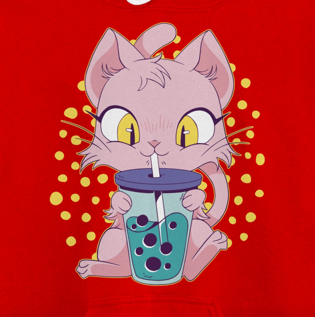 Kawaii Cute Anime Cat Drinking Boba Tea Japanese Bubble Tea Pullover Hoodie