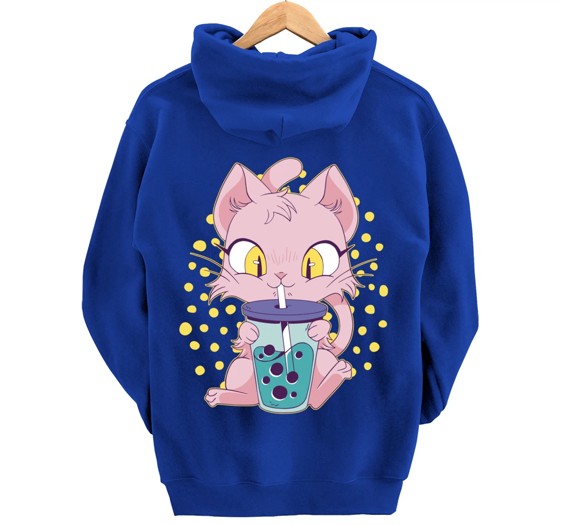Kawaii Cute Anime Cat Drinking Boba Tea Japanese Bubble Tea Pullover Hoodie