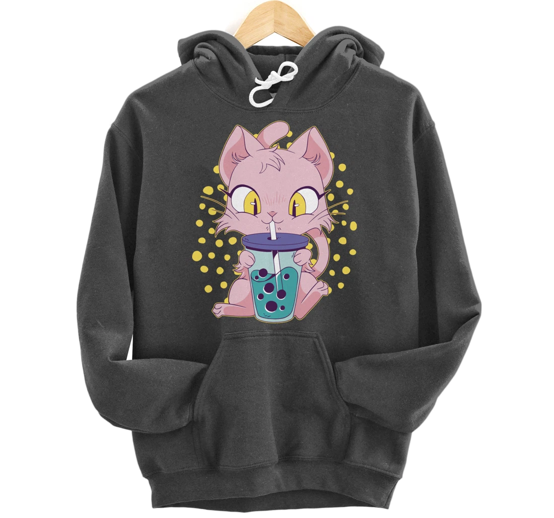 Kawaii Cute Anime Cat Drinking Boba Tea Japanese Bubble Tea Pullover Hoodie
