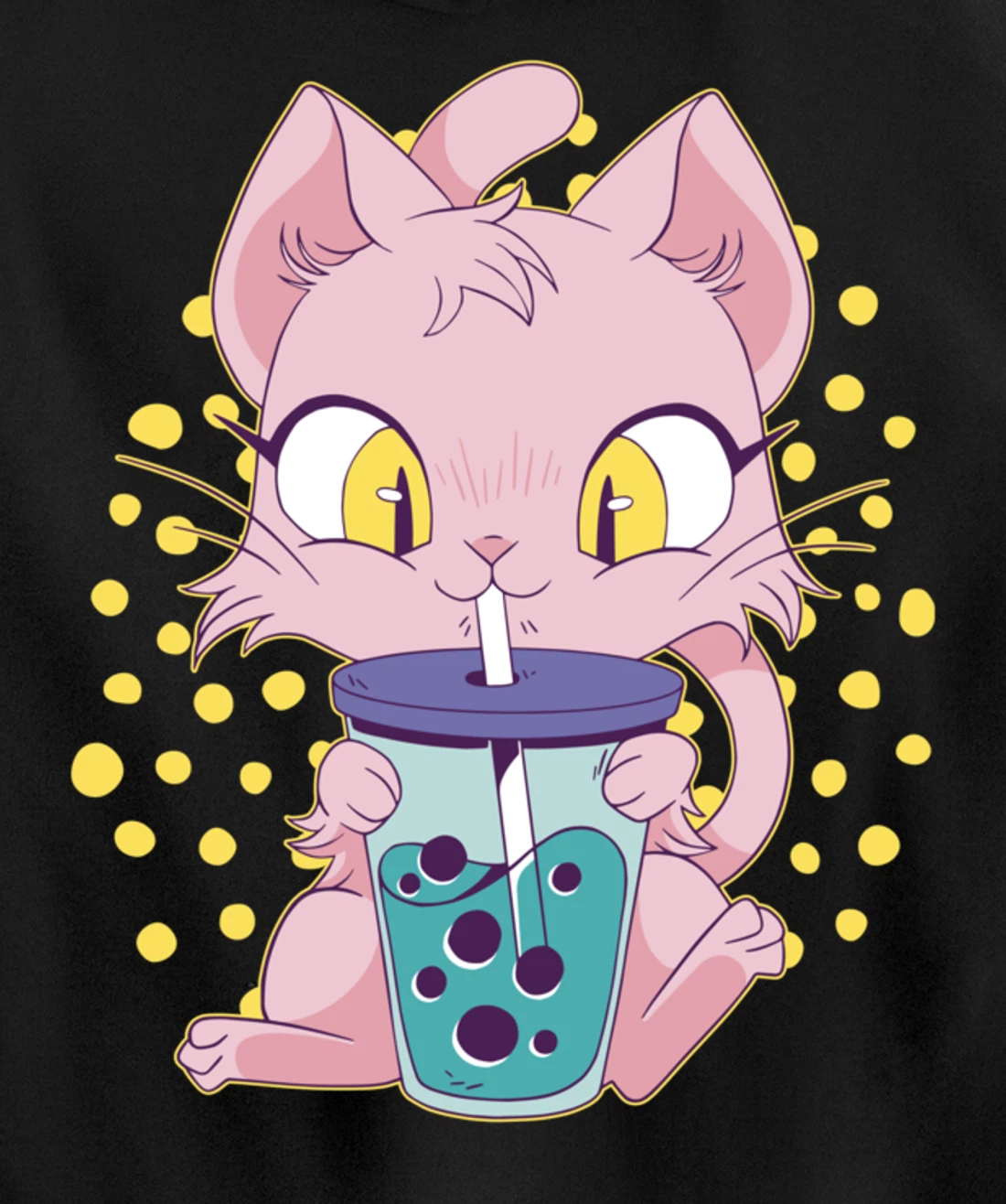 Kawaii Cute Anime Cat Drinking Boba Tea Japanese Bubble Tea Pullover Hoodie