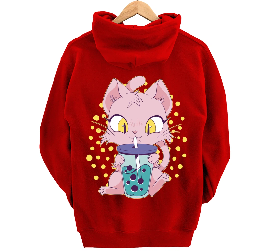 Kawaii Cute Anime Cat Drinking Boba Tea Japanese Bubble Tea Pullover Hoodie