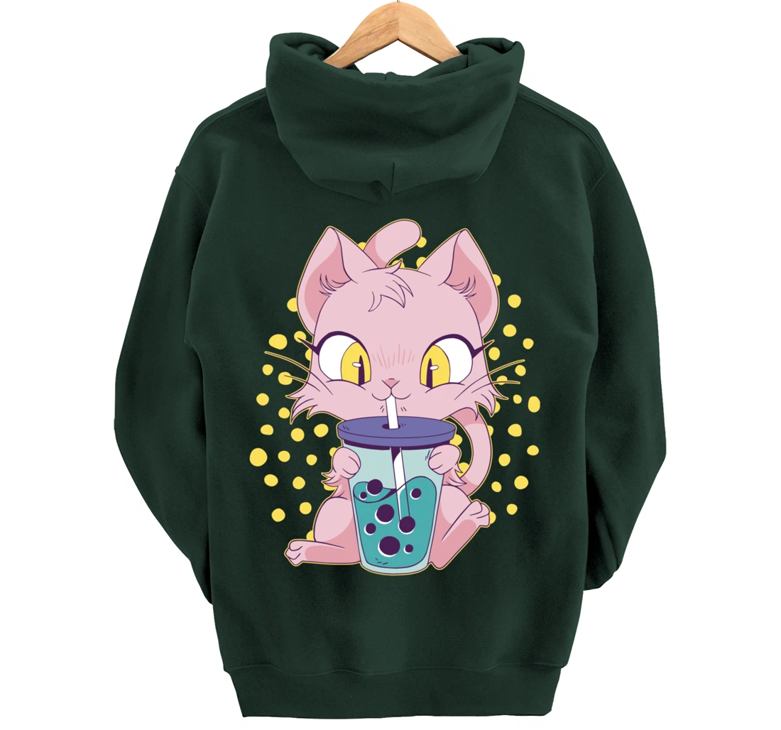 Kawaii Cute Anime Cat Drinking Boba Tea Japanese Bubble Tea Pullover Hoodie