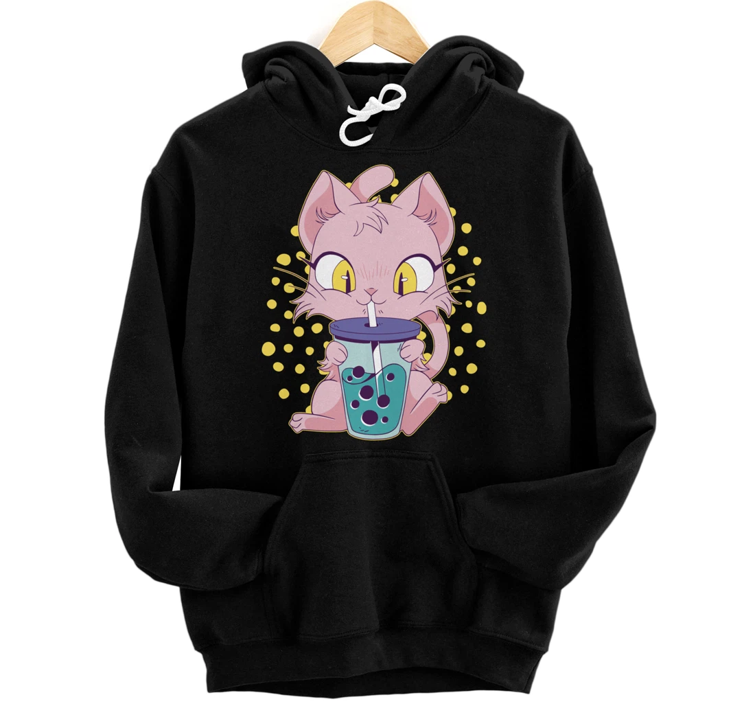 Kawaii Cute Anime Cat Drinking Boba Tea Japanese Bubble Tea Pullover Hoodie