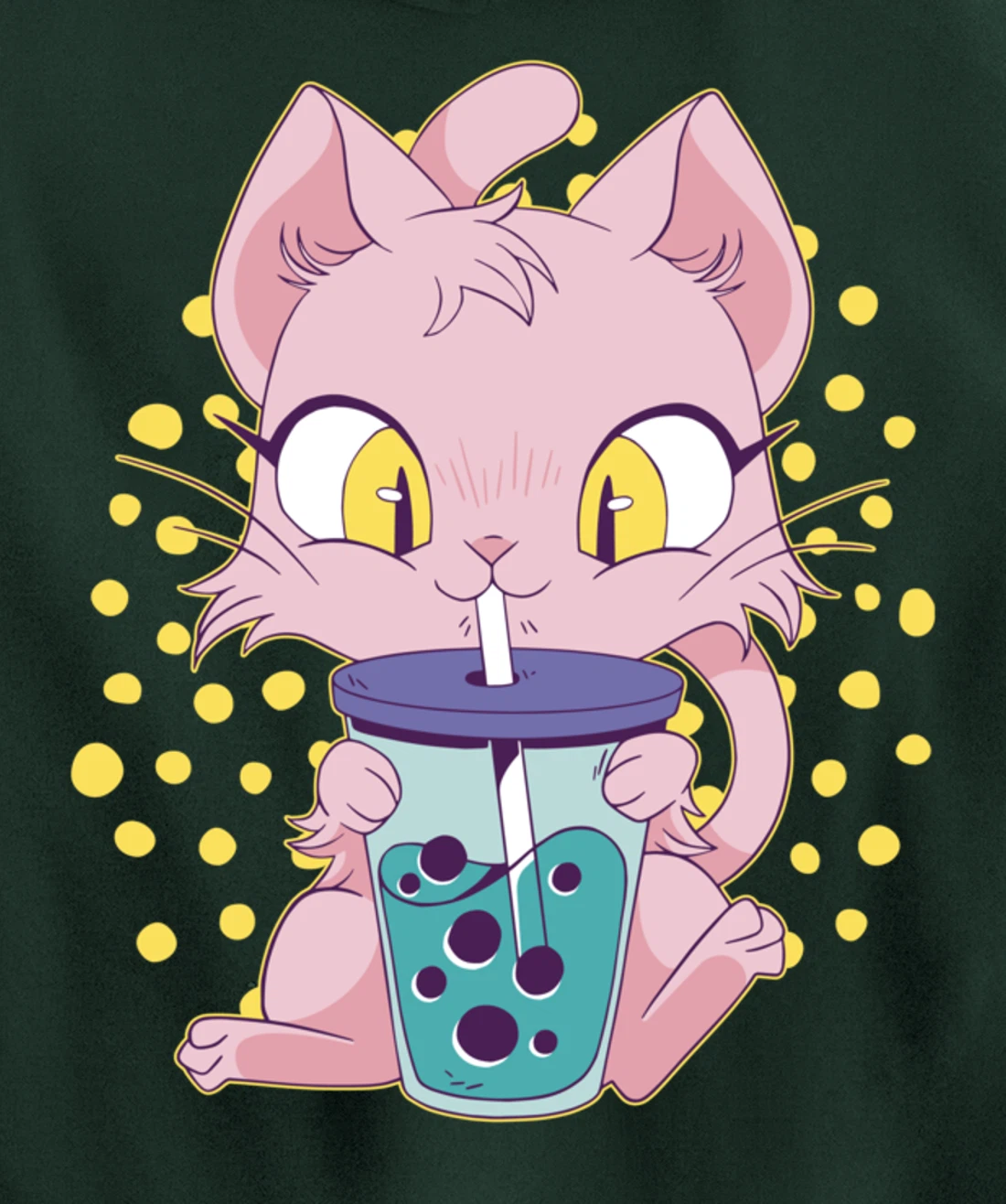 Kawaii Cute Anime Cat Drinking Boba Tea Japanese Bubble Tea Pullover Hoodie