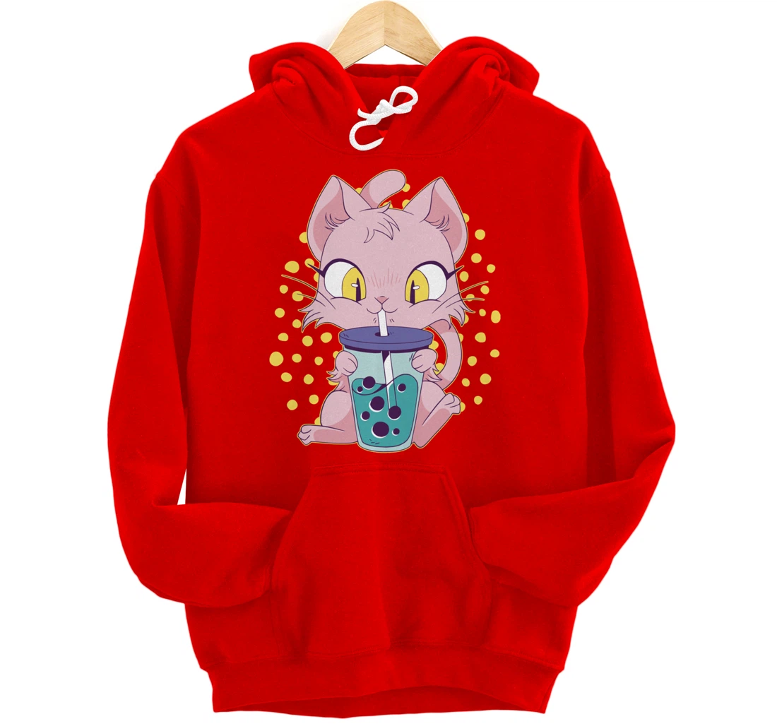 Kawaii Cute Anime Cat Drinking Boba Tea Japanese Bubble Tea Pullover Hoodie