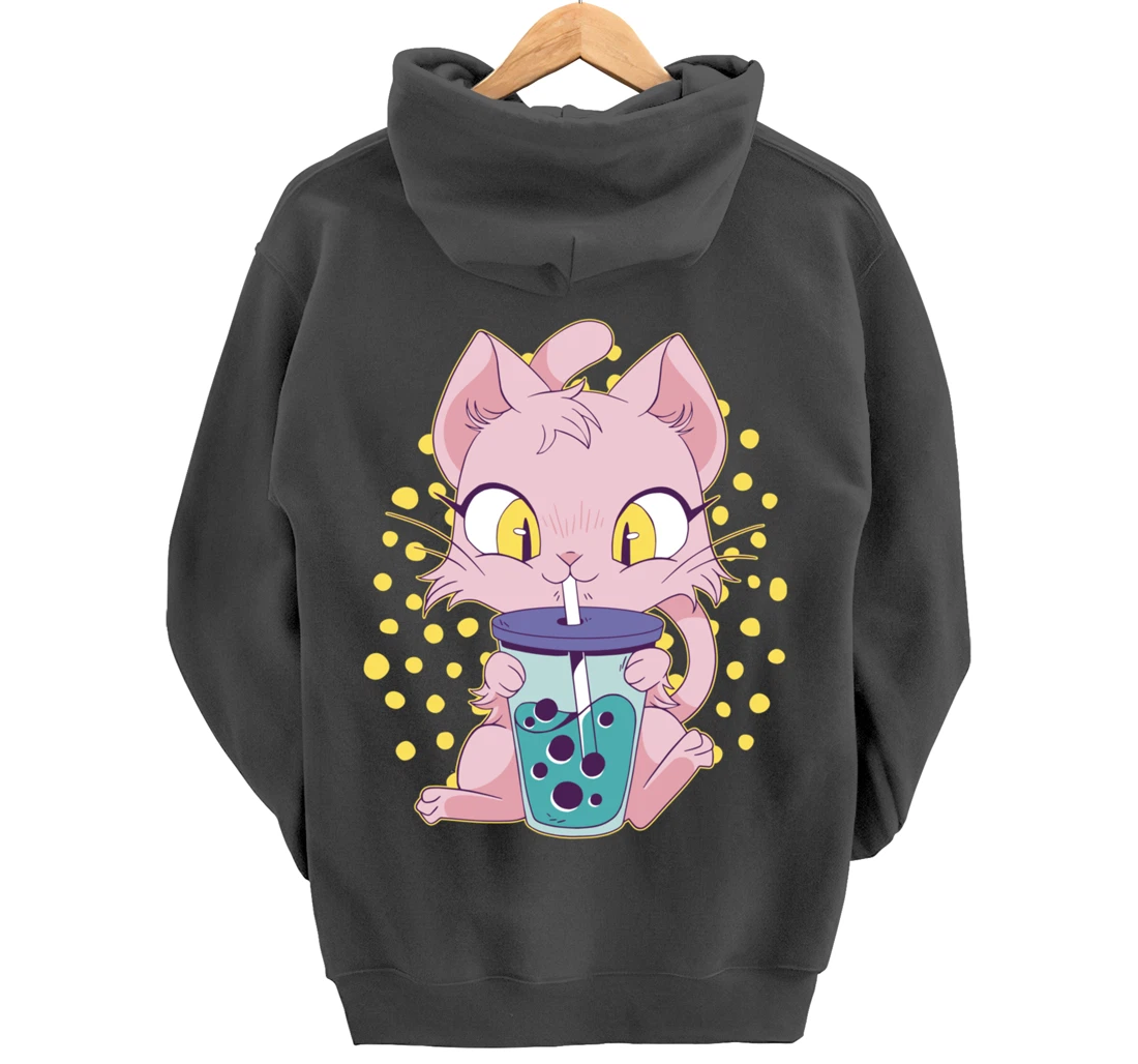 Kawaii Cute Anime Cat Drinking Boba Tea Japanese Bubble Tea Pullover Hoodie