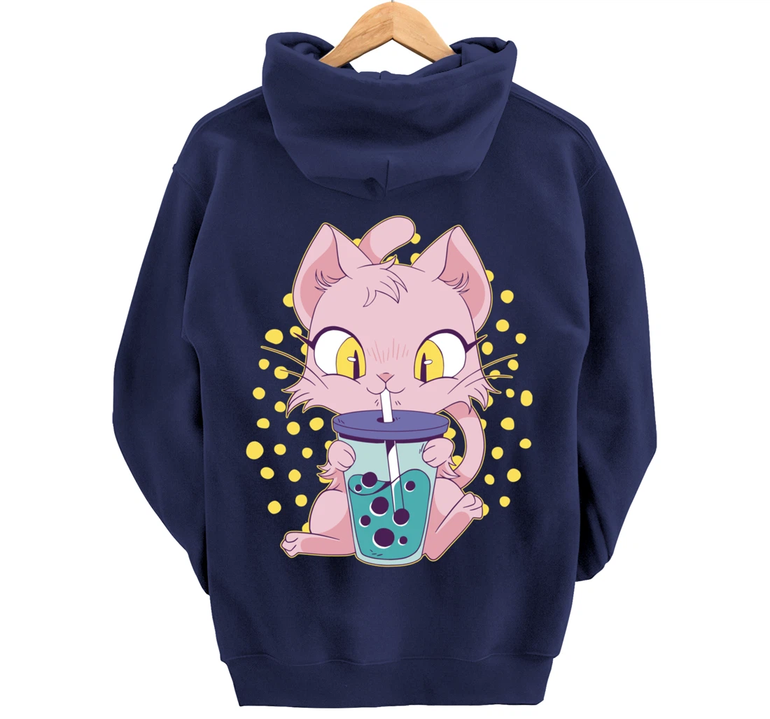 Kawaii Cute Anime Cat Drinking Boba Tea Japanese Bubble Tea Pullover Hoodie