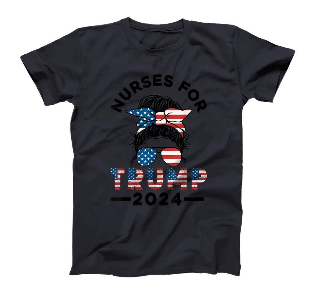 Nurses For Trump 2024 Messy Bun Nurse USA Flag Women T-Shirt