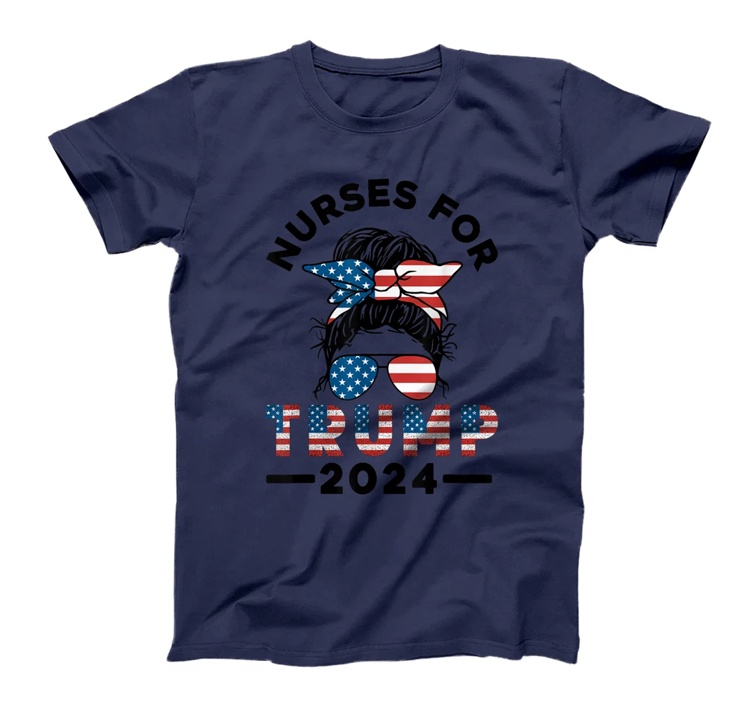 Nurses For Trump 2024 Messy Bun Nurse USA Flag Women T-Shirt